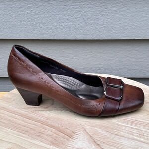 Rasolli Brown Faux Leather Square Toe Block Heel Pumps S/2106 7.5W